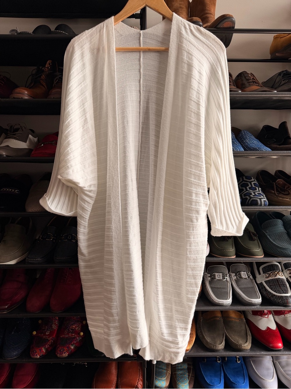White Open-Front Ribbed Knit Robe Cardigan for Women